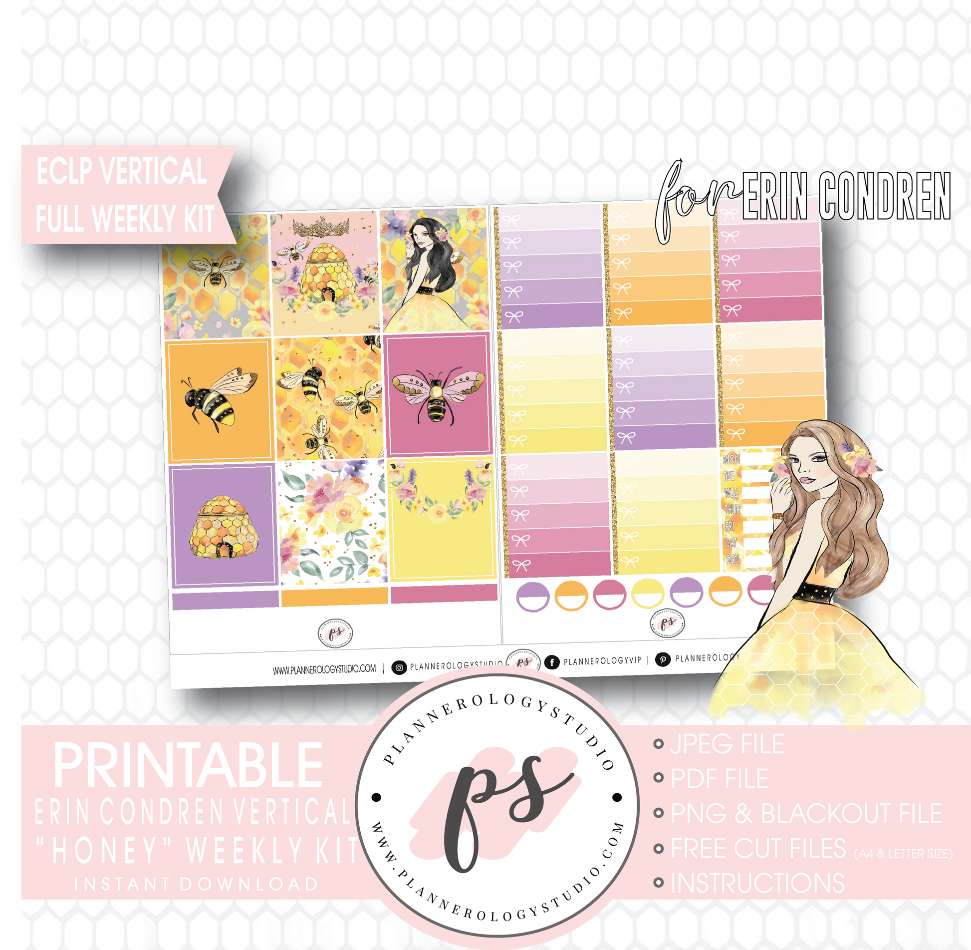 Honey Full Weekly Kit Printable Planner Digital Stickers (for use with Erin Condren Vertical) - Plannerologystudio