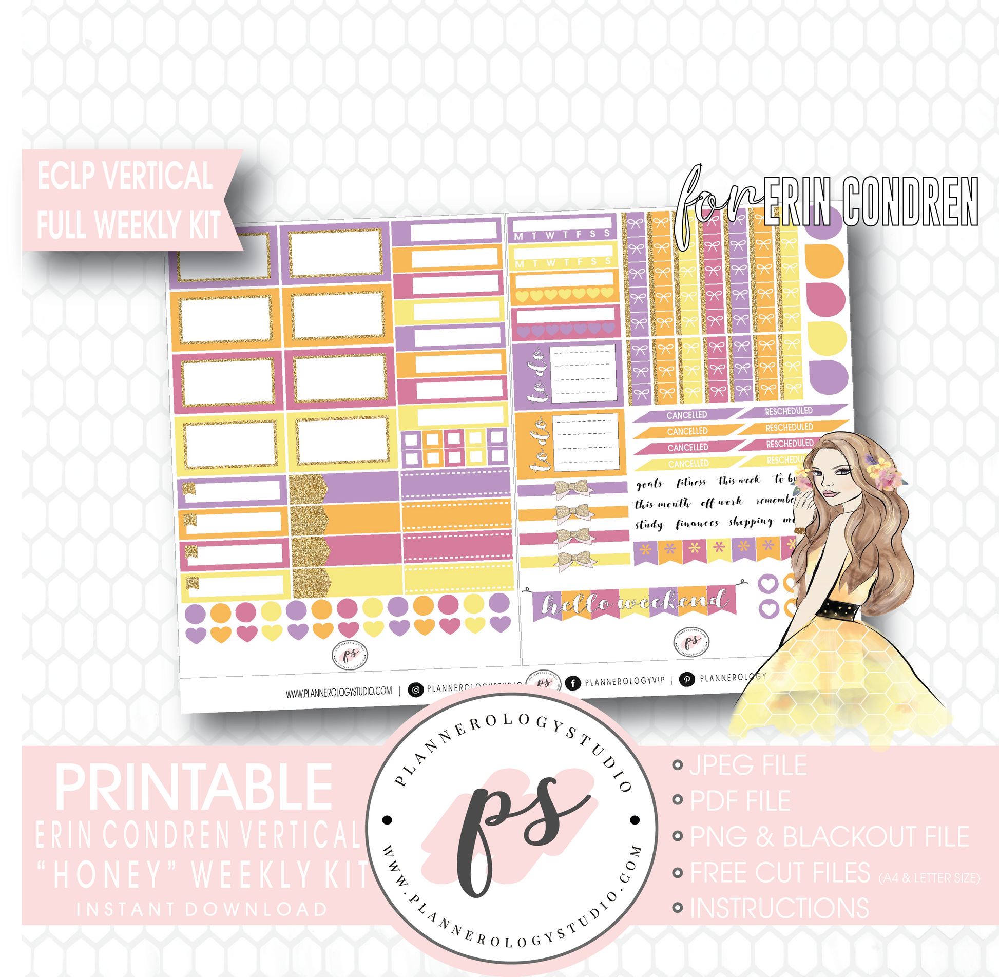 Honey Full Weekly Kit Printable Planner Digital Stickers (for use with Erin Condren Vertical) - Plannerologystudio