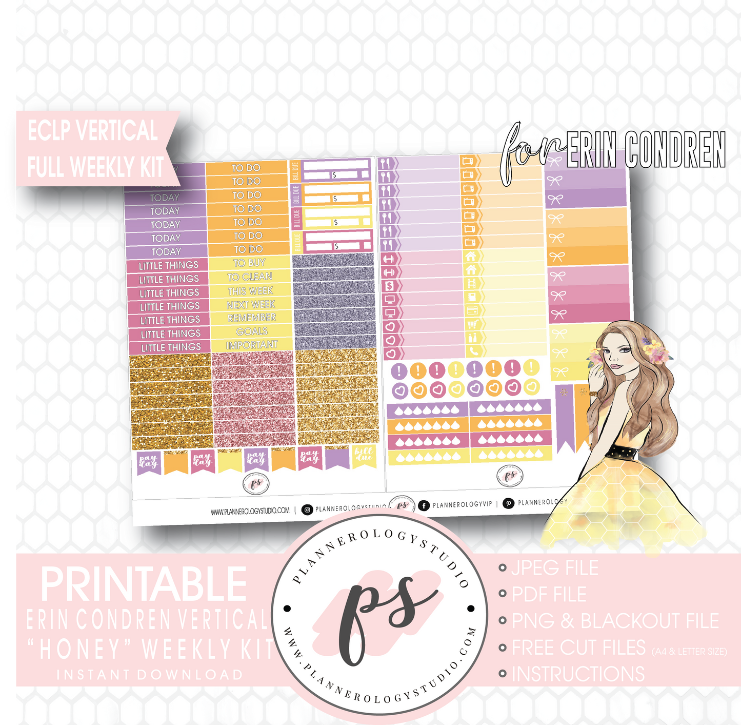 Honey Full Weekly Kit Printable Planner Digital Stickers (for use with Erin Condren Vertical) - Plannerologystudio