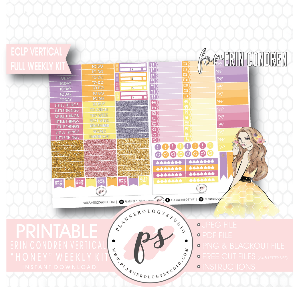 Honey Full Weekly Kit Printable Planner Digital Stickers (for use with Erin Condren Vertical) - Plannerologystudio