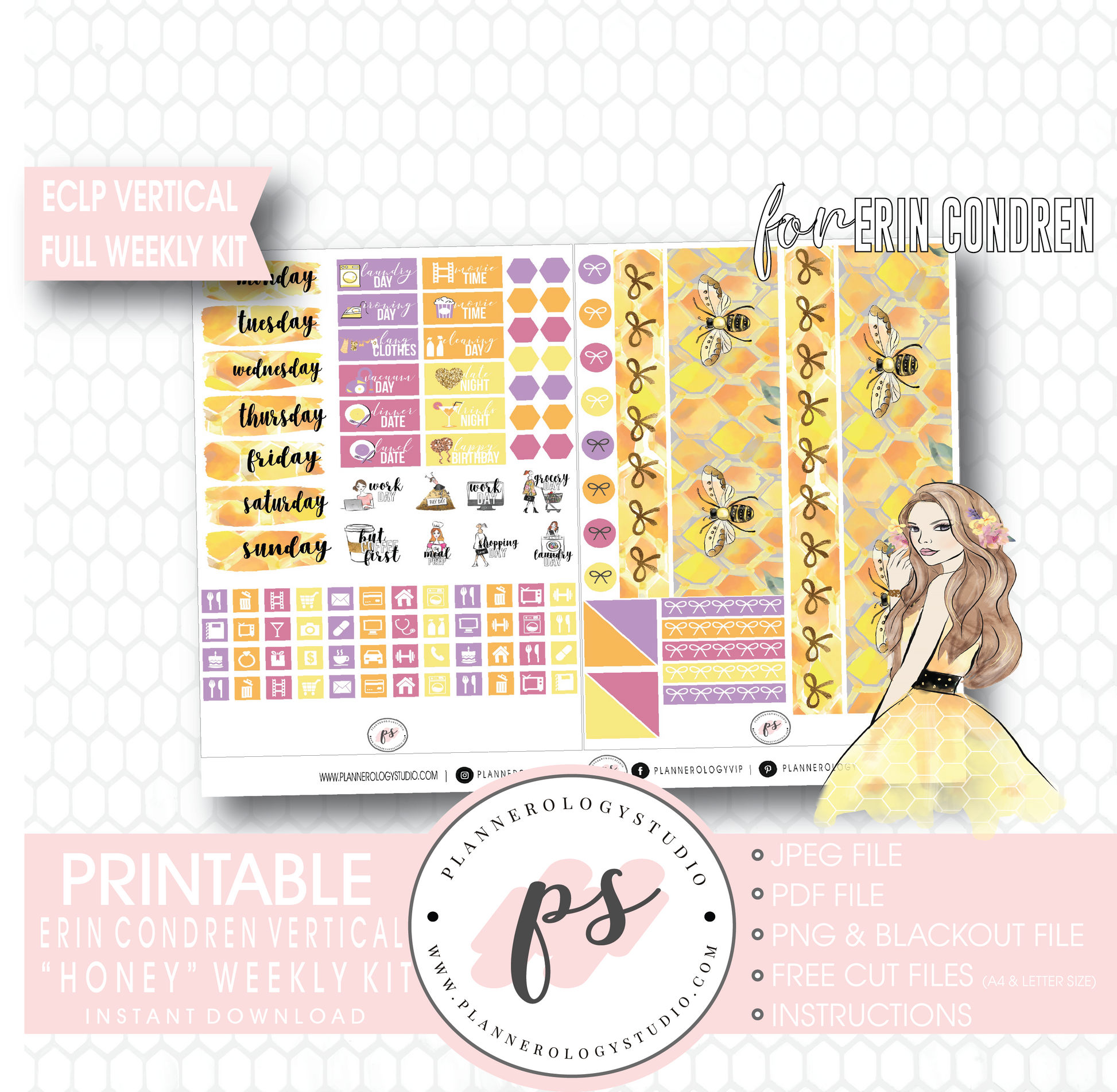 Honey Full Weekly Kit Printable Planner Digital Stickers (for use with Erin Condren Vertical) - Plannerologystudio