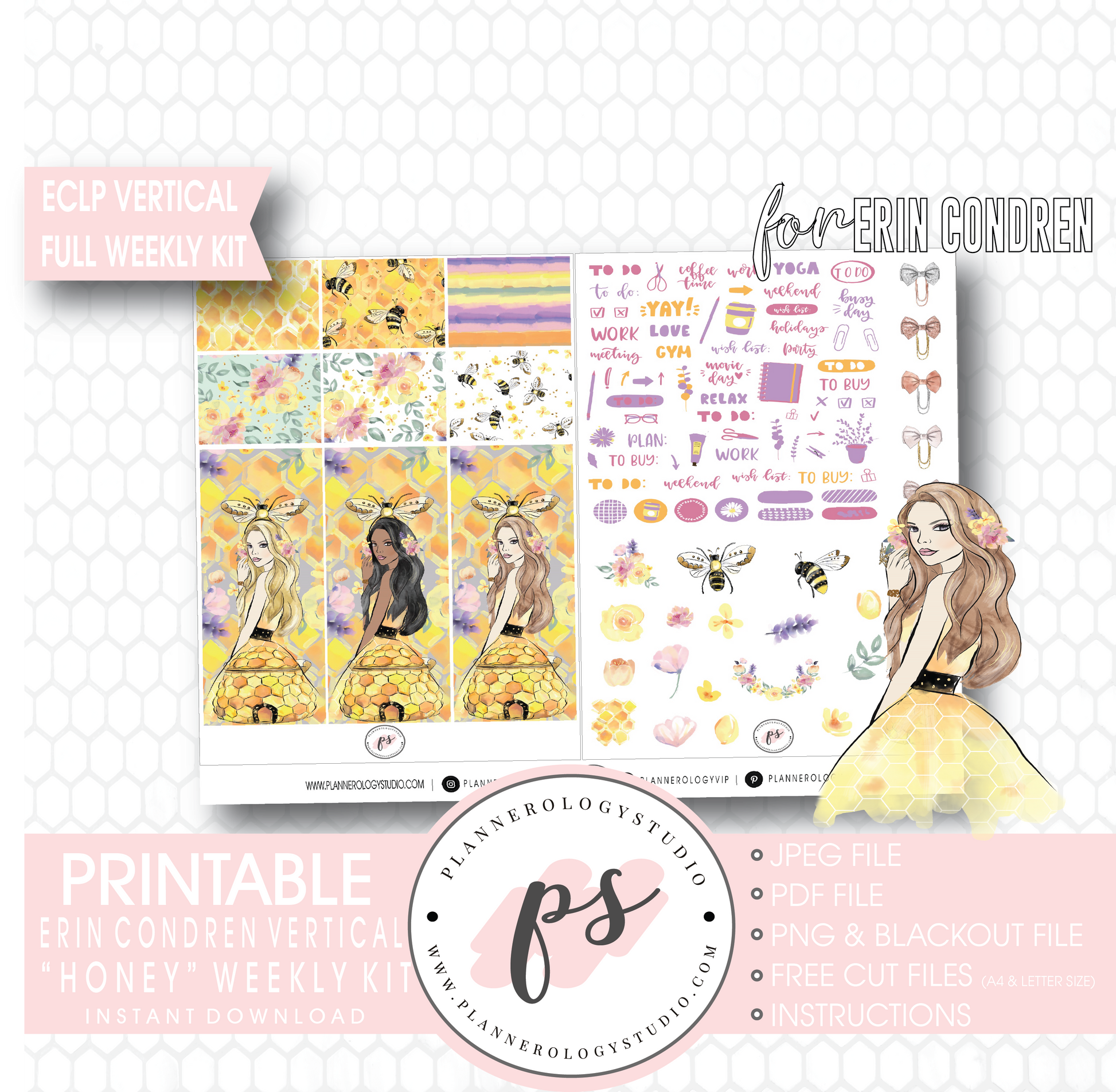 Honey Full Weekly Kit Printable Planner Digital Stickers (for use with Erin Condren Vertical) - Plannerologystudio