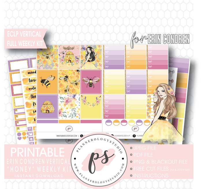 Honey Full Weekly Kit Printable Planner Digital Stickers (for use with Erin Condren Vertical) - Plannerologystudio