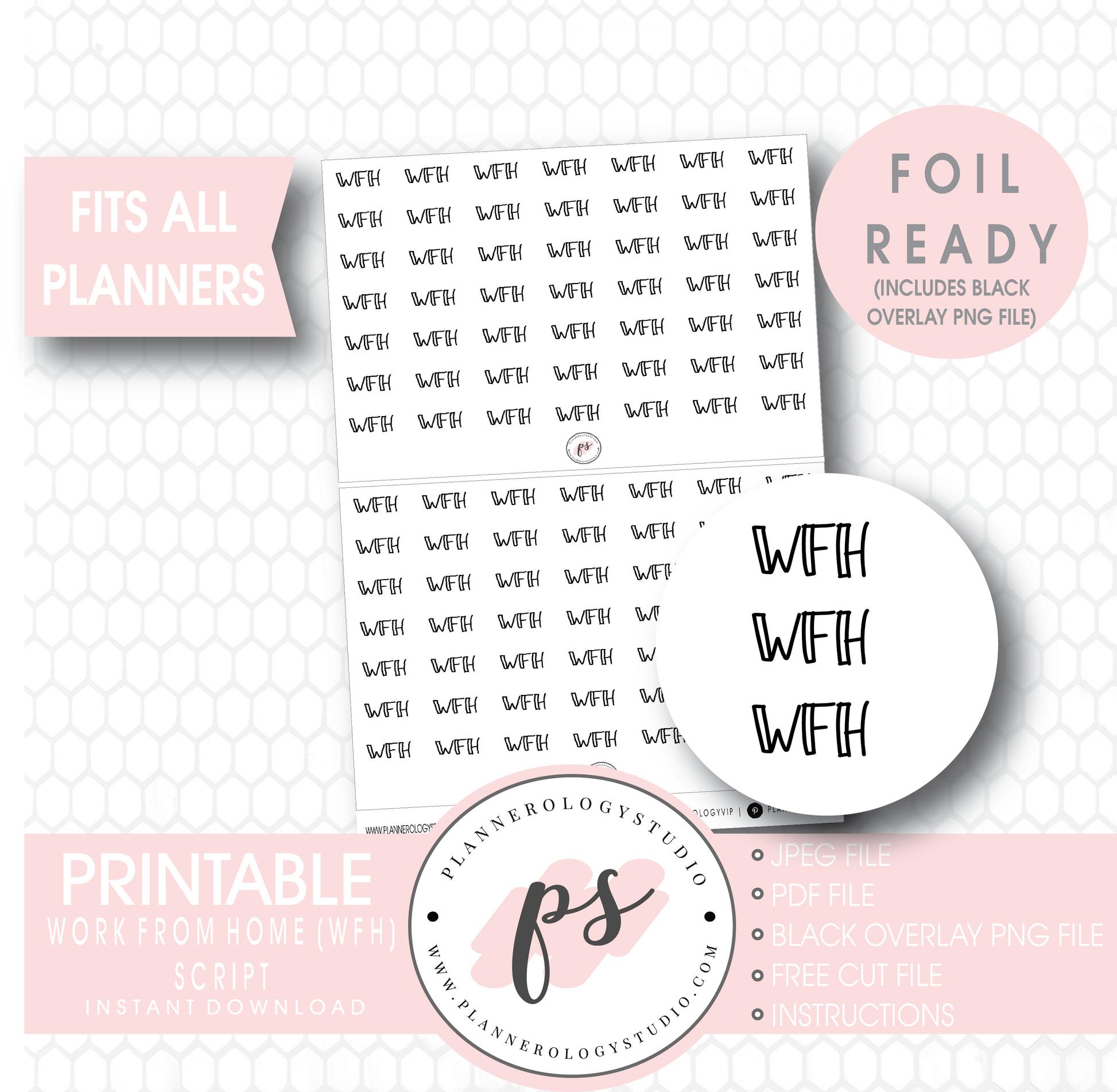 WFH (Work from Home) Bujo Script Digital Printable Planner Stickers (Foil Ready) - Plannerologystudio