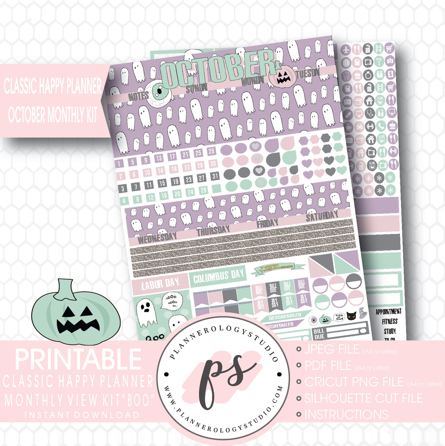 "Boo" October 2017 Halloween Monthly View Kit Printable Planner Stickers (for use with Mambi Classic Happy Planner) - Plannerologystudio