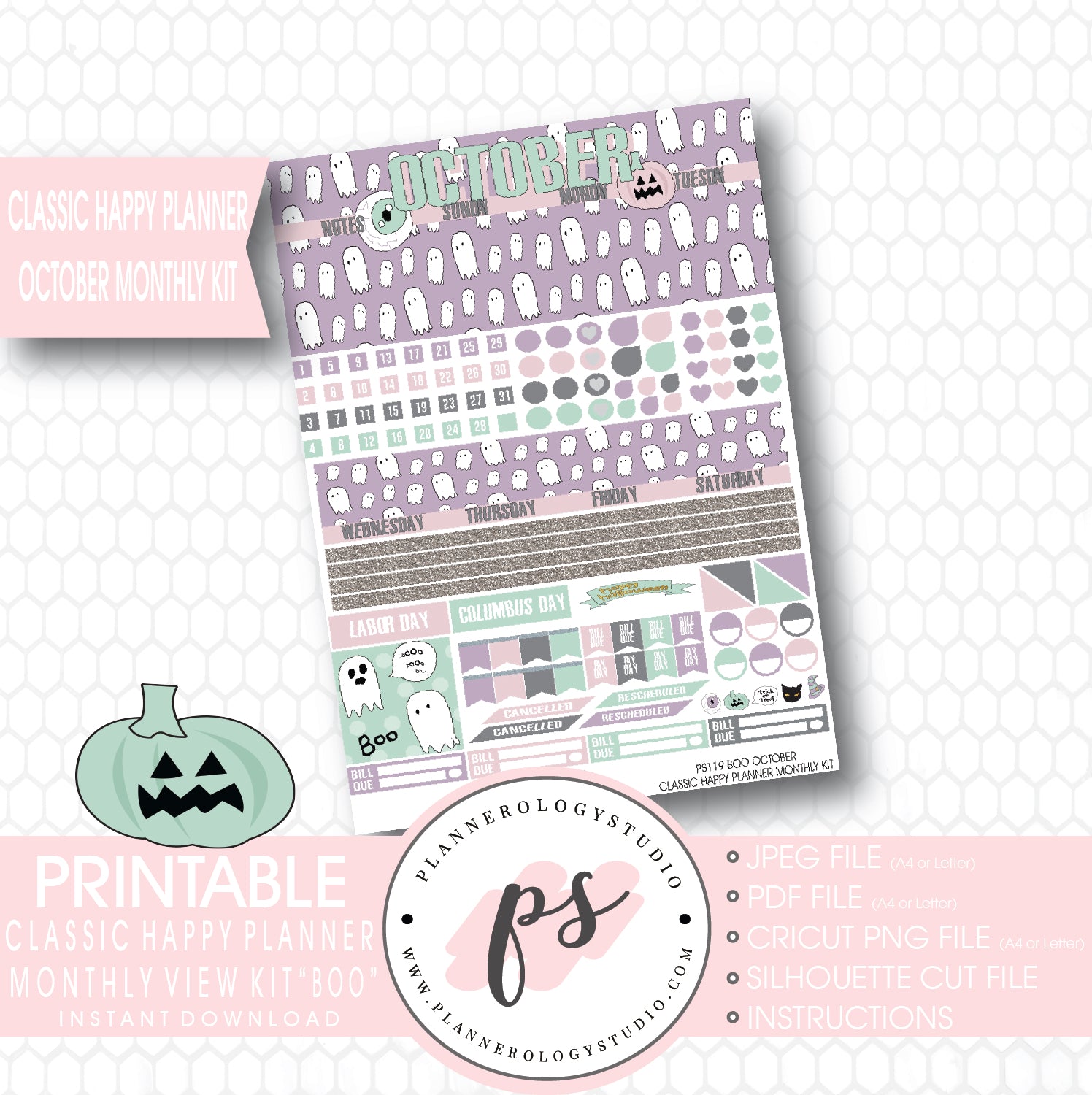 "Boo" October 2017 Halloween Monthly View Kit Printable Planner Stickers (for use with Mambi Classic Happy Planner) - Plannerologystudio