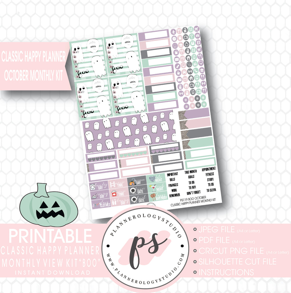 "Boo" October 2017 Halloween Monthly View Kit Printable Planner Stickers (for use with Mambi Classic Happy Planner) - Plannerologystudio