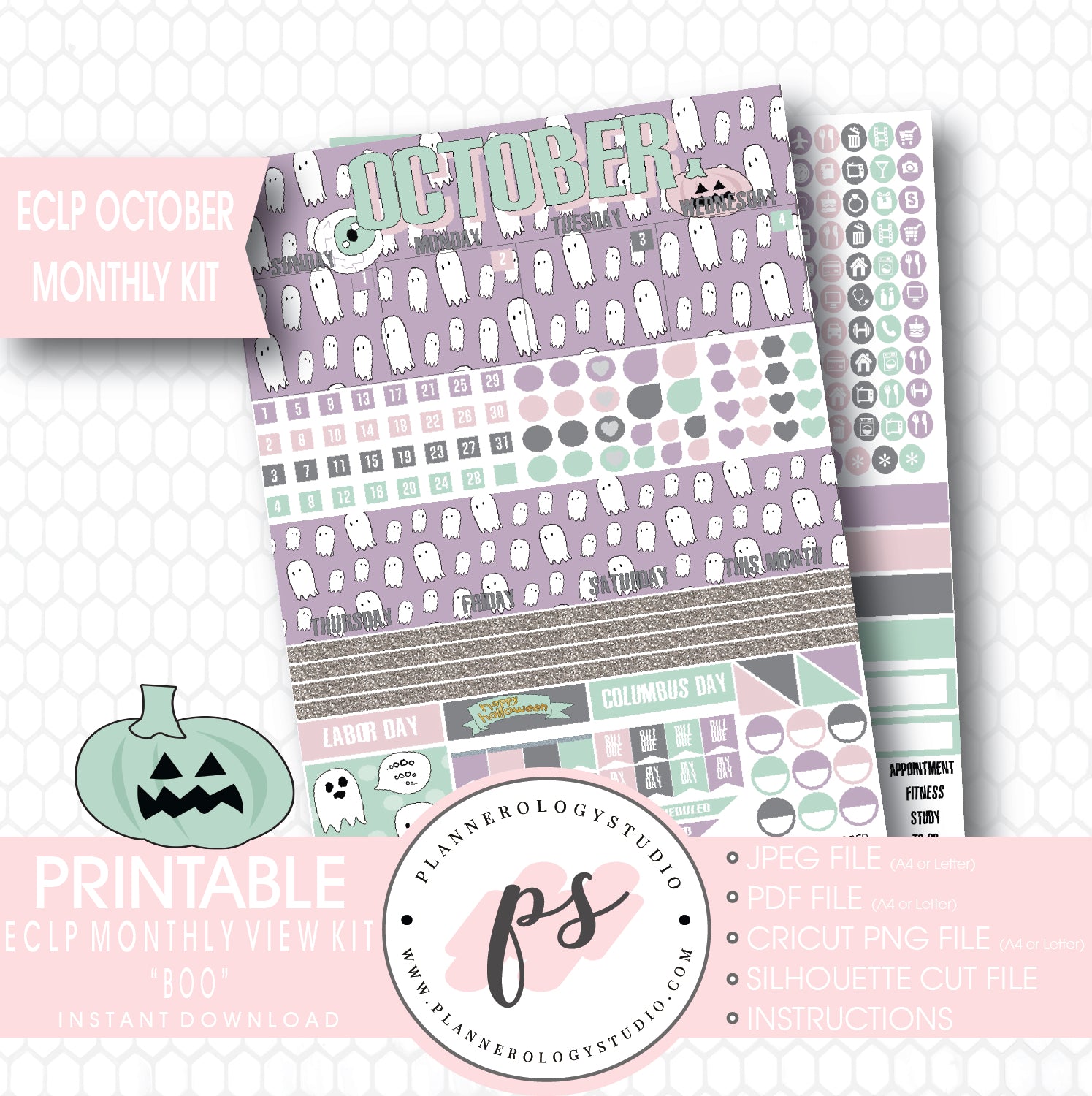 "Boo" October 2017 Halloween Monthly View Kit Printable Planner Stickers (for use with ECLP) - Plannerologystudio