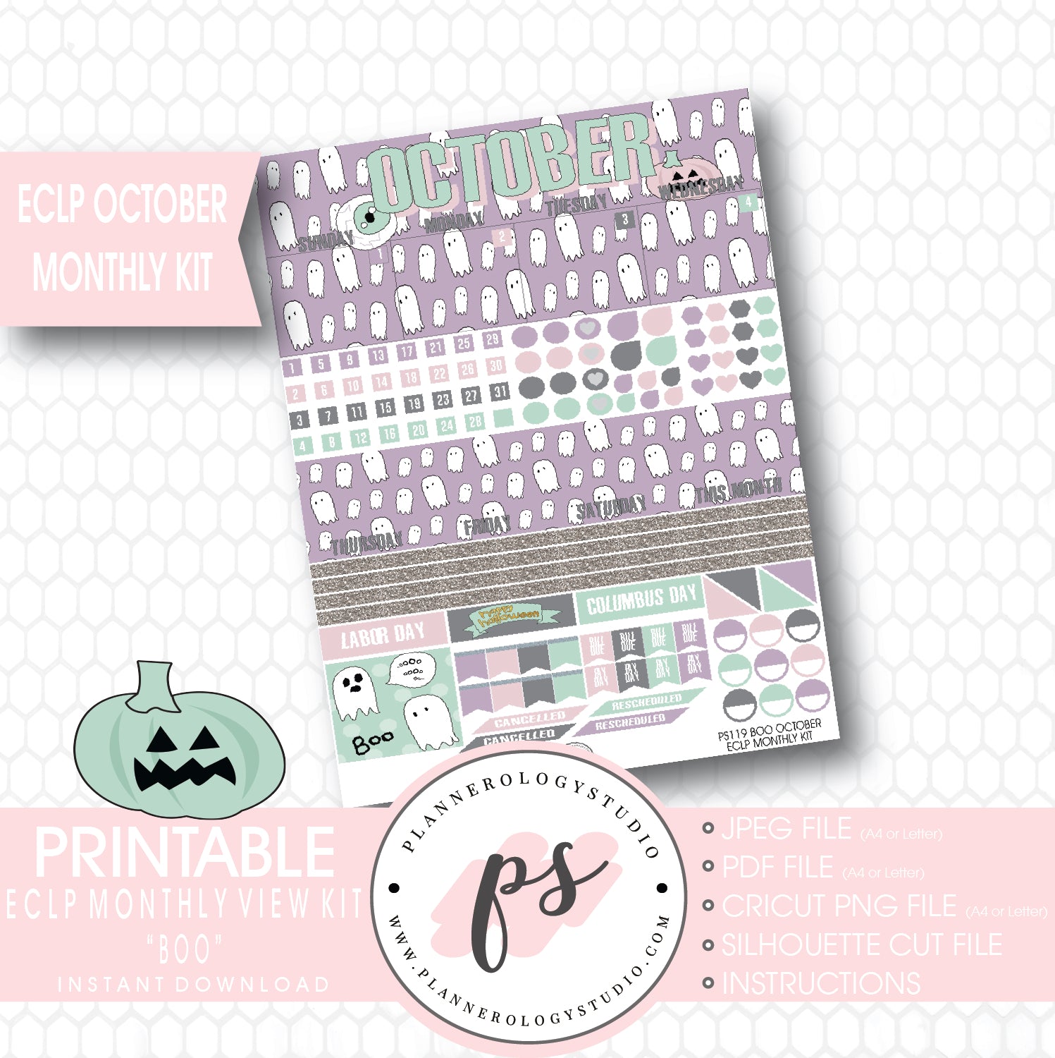 "Boo" October 2017 Halloween Monthly View Kit Printable Planner Stickers (for use with ECLP) - Plannerologystudio