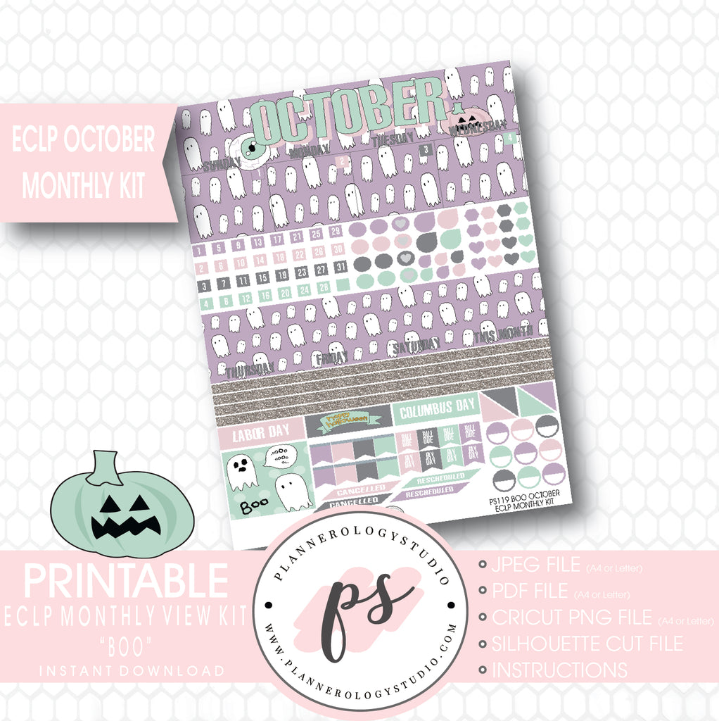 "Boo" October 2017 Halloween Monthly View Kit Printable Planner Stickers (for use with ECLP) - Plannerologystudio
