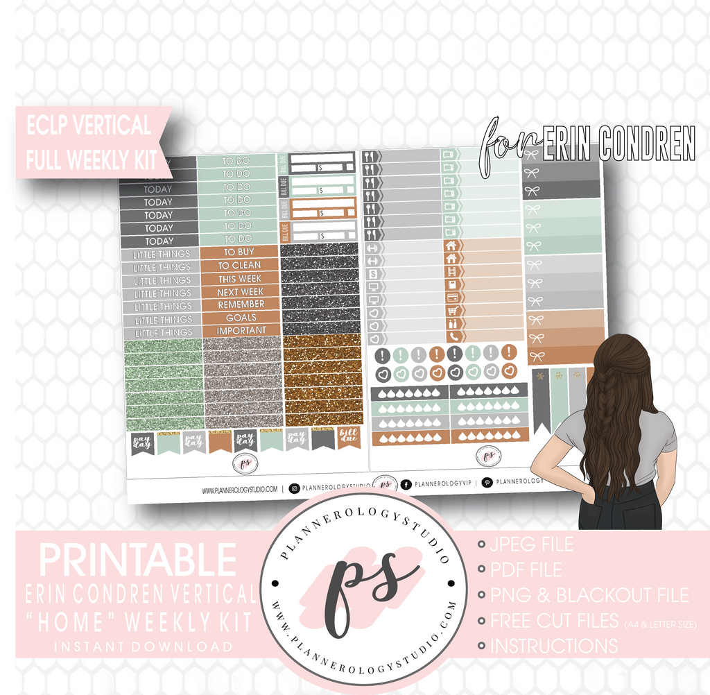 Home Full Weekly Kit Printable Planner Digital Stickers (for use with Erin Condren Vertical) - Plannerologystudio