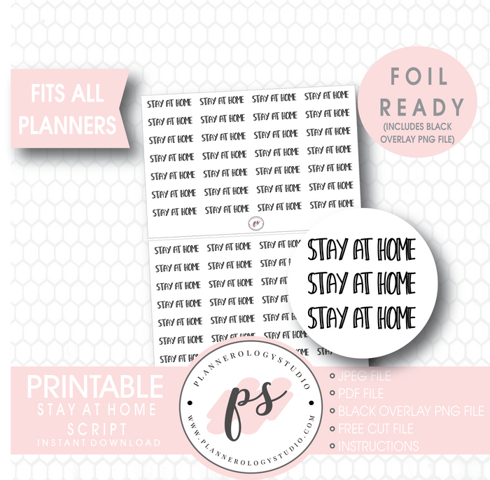 Stay at Home Bujo Script Digital Printable Planner Stickers (Foil Ready) - Plannerologystudio