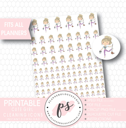 Cute Girl Cleaning To Clean Icon Printable Planner Stickers - Plannerologystudio