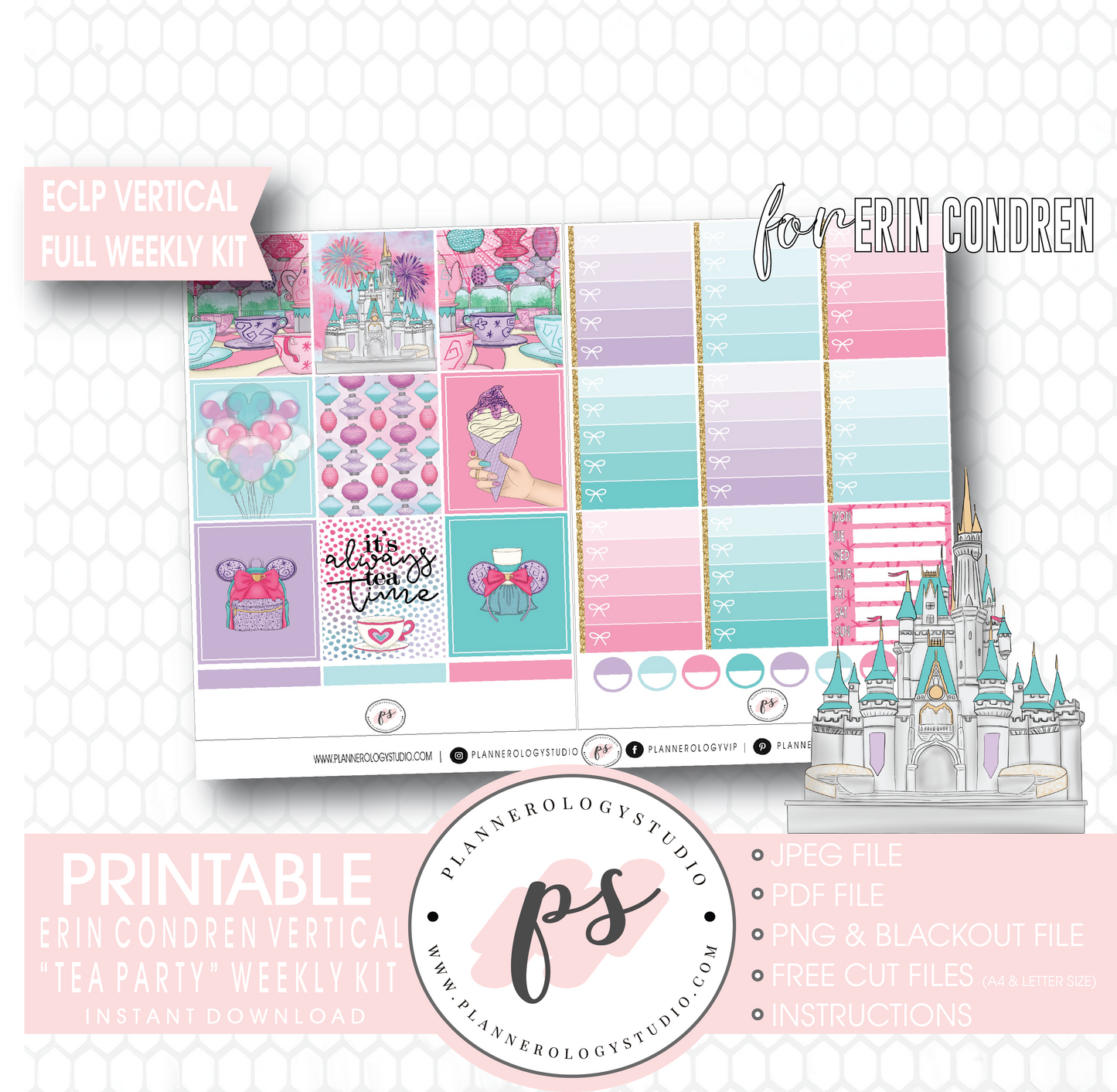 Tea Party Full Weekly Kit Printable Planner Digital Stickers (for use with Erin Condren Vertical) - Plannerologystudio