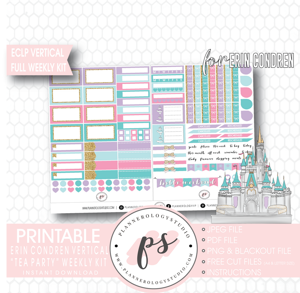 Tea Party Full Weekly Kit Printable Planner Digital Stickers (for use with Erin Condren Vertical) - Plannerologystudio
