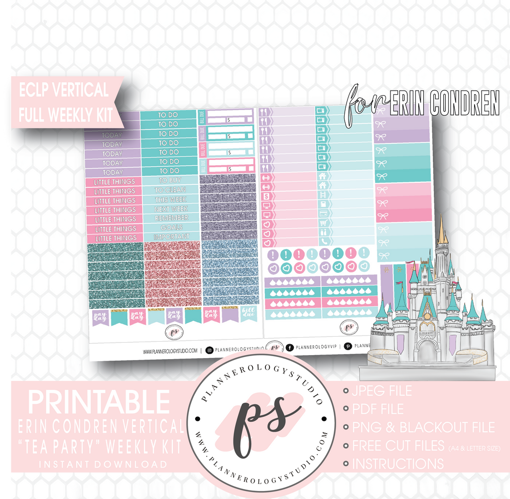 Tea Party Full Weekly Kit Printable Planner Digital Stickers (for use with Erin Condren Vertical) - Plannerologystudio