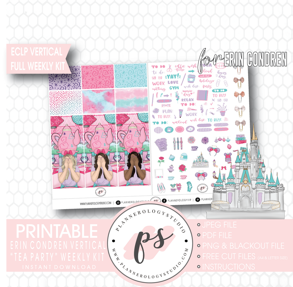 Tea Party Full Weekly Kit Printable Planner Digital Stickers (for use with Erin Condren Vertical) - Plannerologystudio