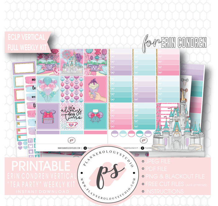 Tea Party Full Weekly Kit Printable Planner Digital Stickers (for use with Erin Condren Vertical) - Plannerologystudio