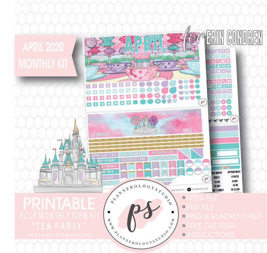 Tea Party April 2020 Monthly View Kit Digital Printable Planner Stickers (for use with Erin Condren) - Plannerologystudio