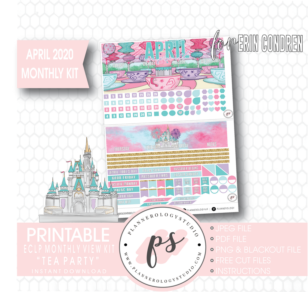 Tea Party April 2020 Monthly View Kit Digital Printable Planner Stickers (for use with Erin Condren) - Plannerologystudio
