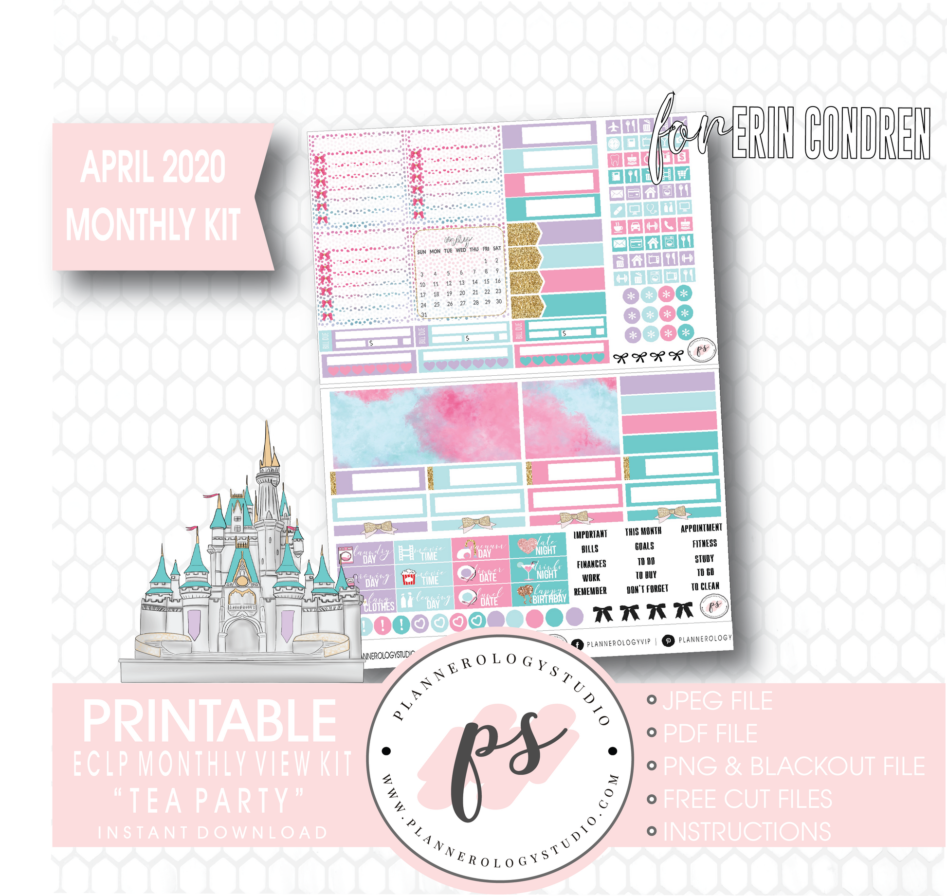 Tea Party April 2020 Monthly View Kit Digital Printable Planner Stickers (for use with Erin Condren) - Plannerologystudio