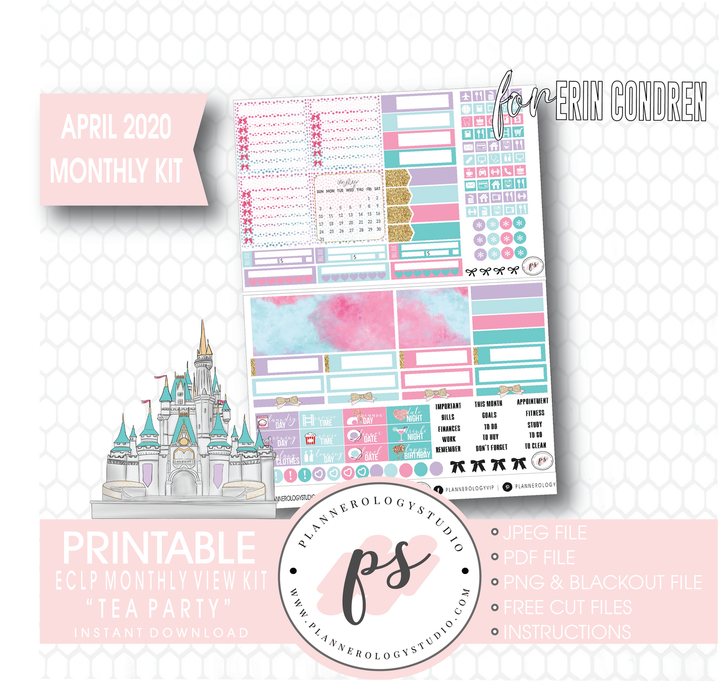 Tea Party April 2020 Monthly View Kit Digital Printable Planner Stickers (for use with Classic Happy Planner) - Plannerologystudio