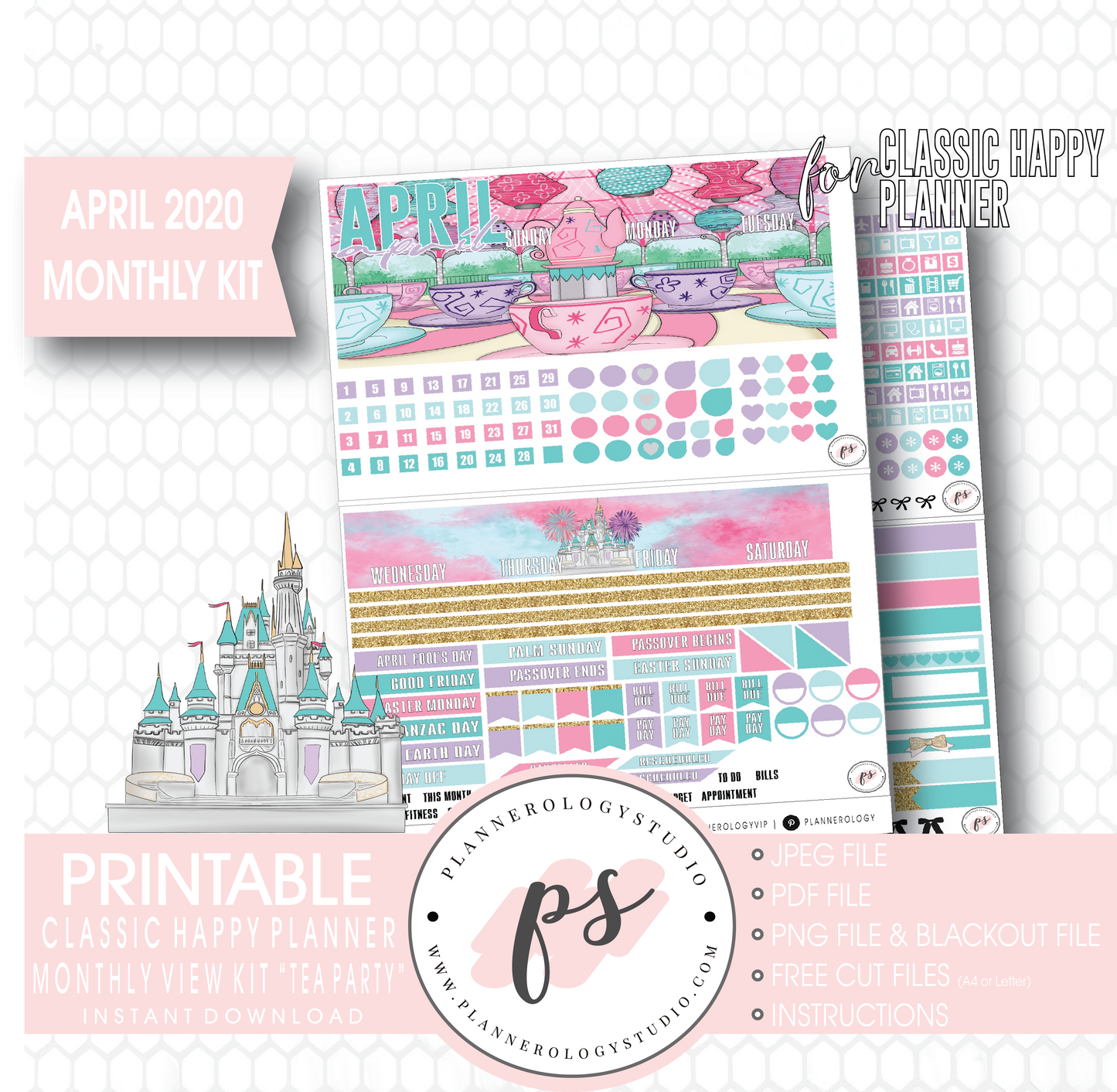 Tea Party April 2020 Monthly View Kit Digital Printable Planner Stickers (for use with Classic Happy Planner) - Plannerologystudio