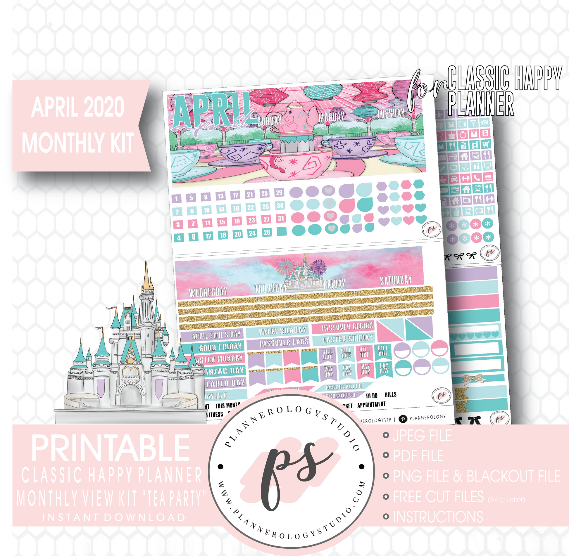 Tea Party April 2020 Monthly View Kit Digital Printable Planner Stickers (for use with Classic Happy Planner) - Plannerologystudio