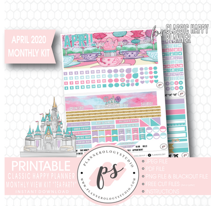 Tea Party April 2020 Monthly View Kit Digital Printable Planner Stickers (for use with Classic Happy Planner) - Plannerologystudio