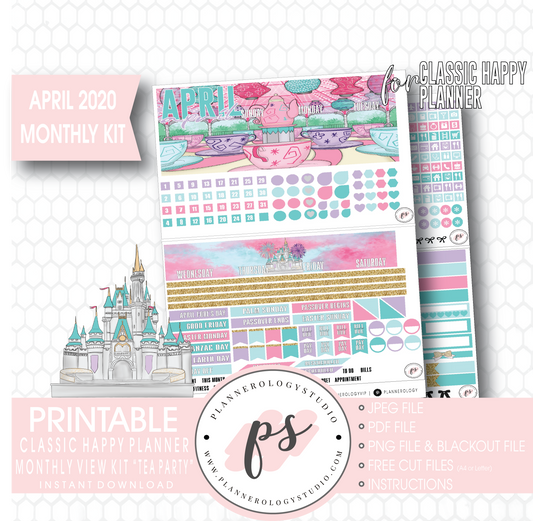 Tea Party April 2020 Monthly View Kit Digital Printable Planner Stickers (for use with Classic Happy Planner) - Plannerologystudio