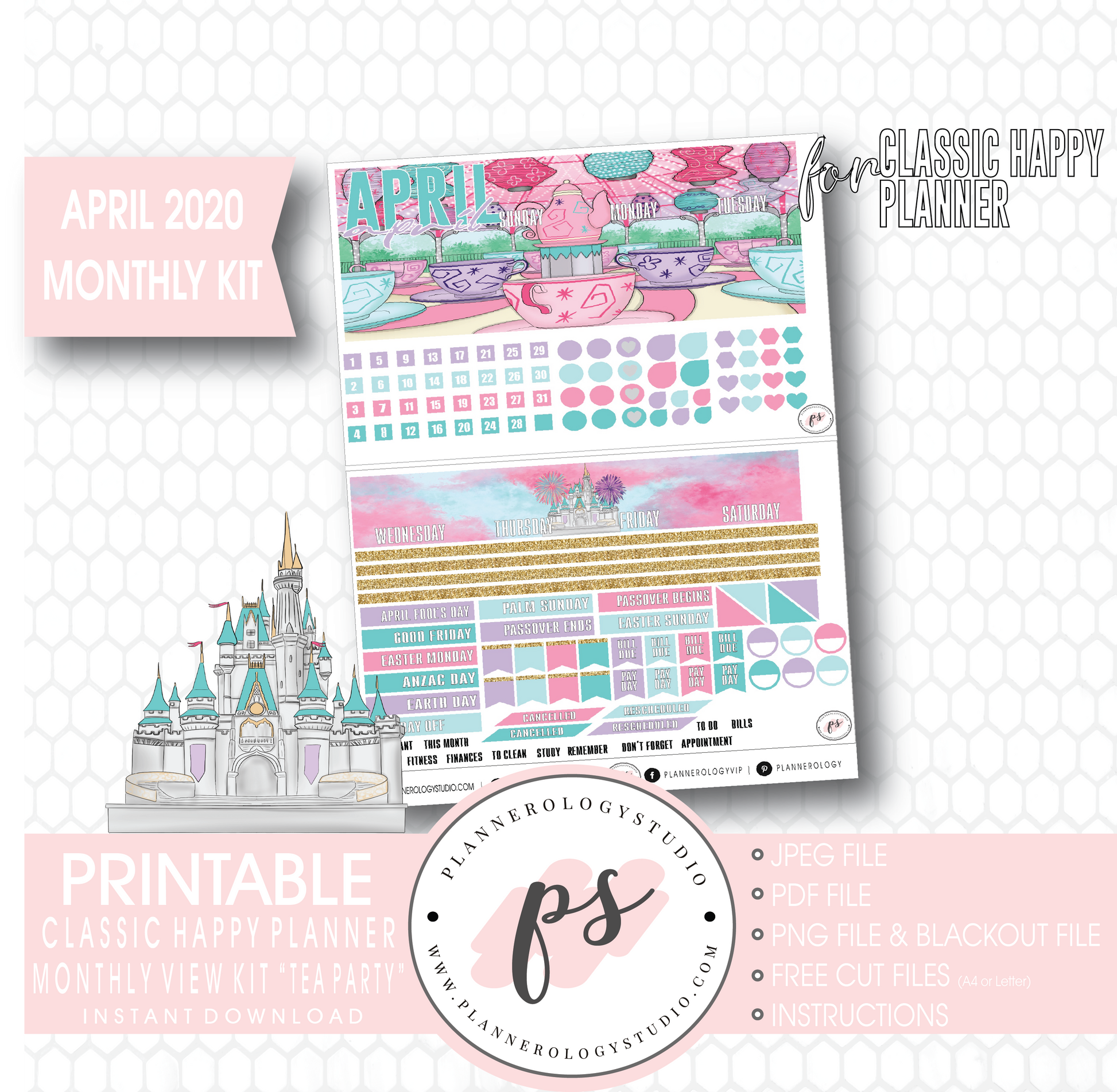 Tea Party April 2020 Monthly View Kit Digital Printable Planner Stickers (for use with Classic Happy Planner) - Plannerologystudio