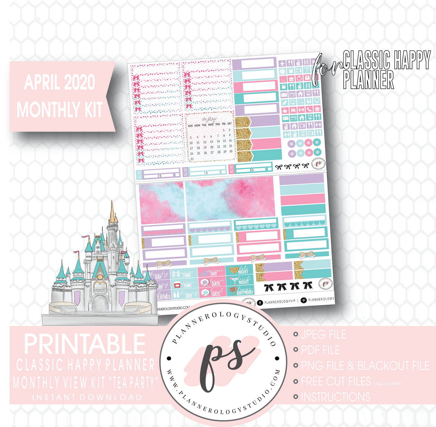 Tea Party April 2020 Monthly View Kit Digital Printable Planner Stickers (for use with Classic Happy Planner) - Plannerologystudio
