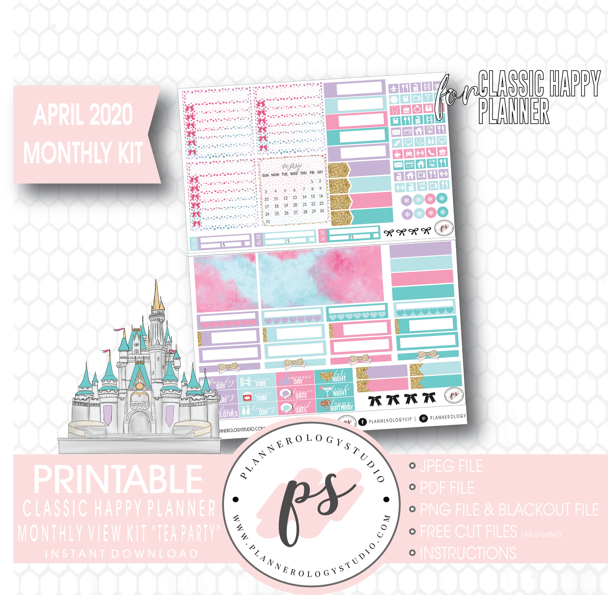 Tea Party April 2020 Monthly View Kit Digital Printable Planner Stickers (for use with Classic Happy Planner) - Plannerologystudio