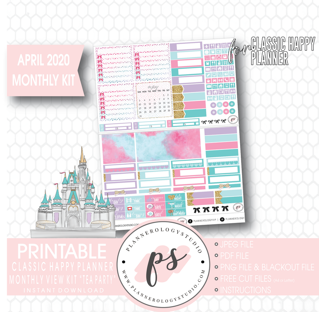 Tea Party April 2020 Monthly View Kit Digital Printable Planner Stickers (for use with Classic Happy Planner) - Plannerologystudio