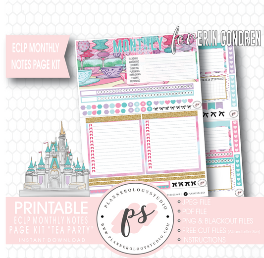 Tea Party Monthly Notes Page Kit Digital Printable Planner Stickers (for use with ECLP) - Plannerologystudio