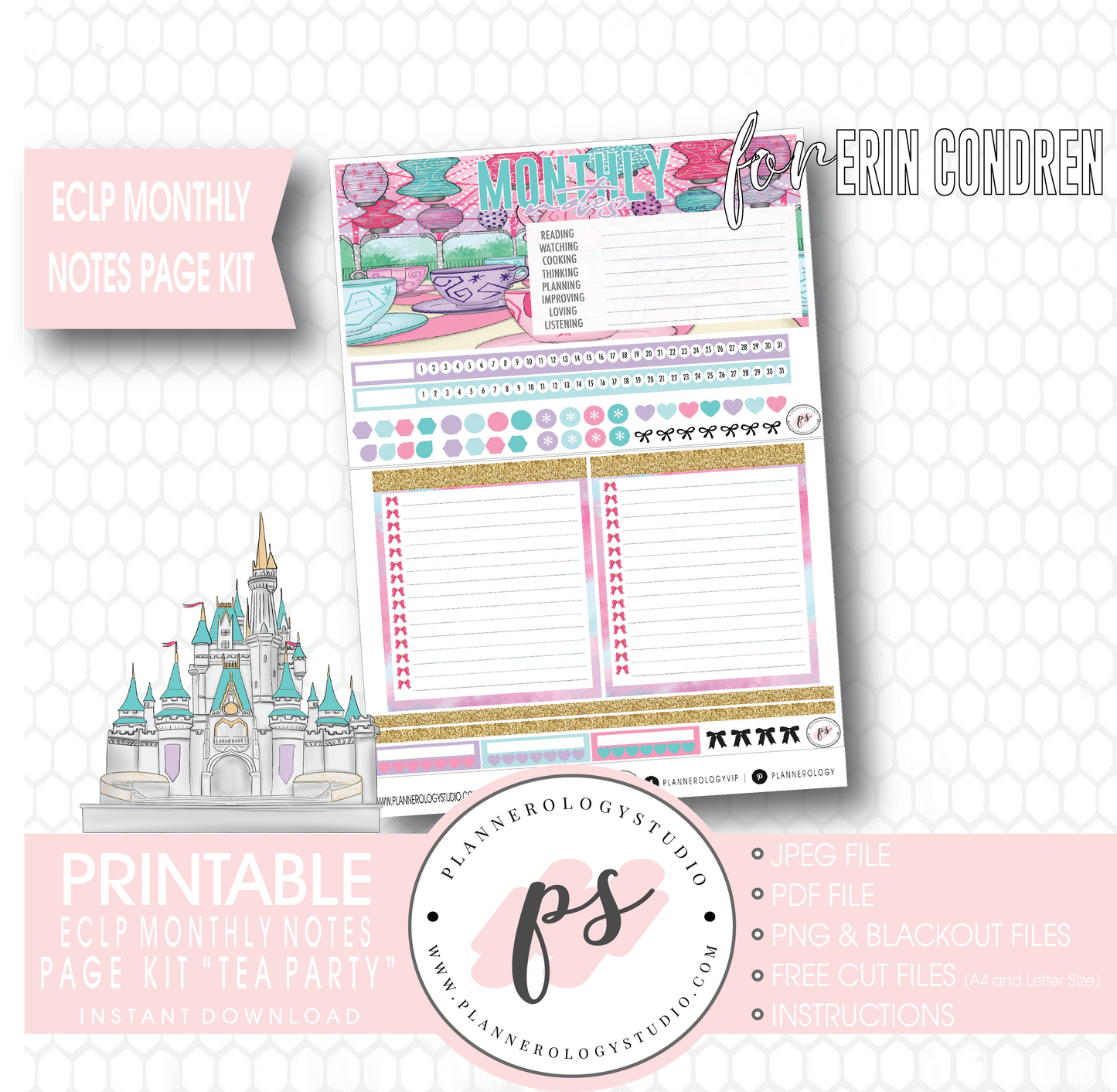 Tea Party Monthly Notes Page Kit Digital Printable Planner Stickers (for use with ECLP) - Plannerologystudio