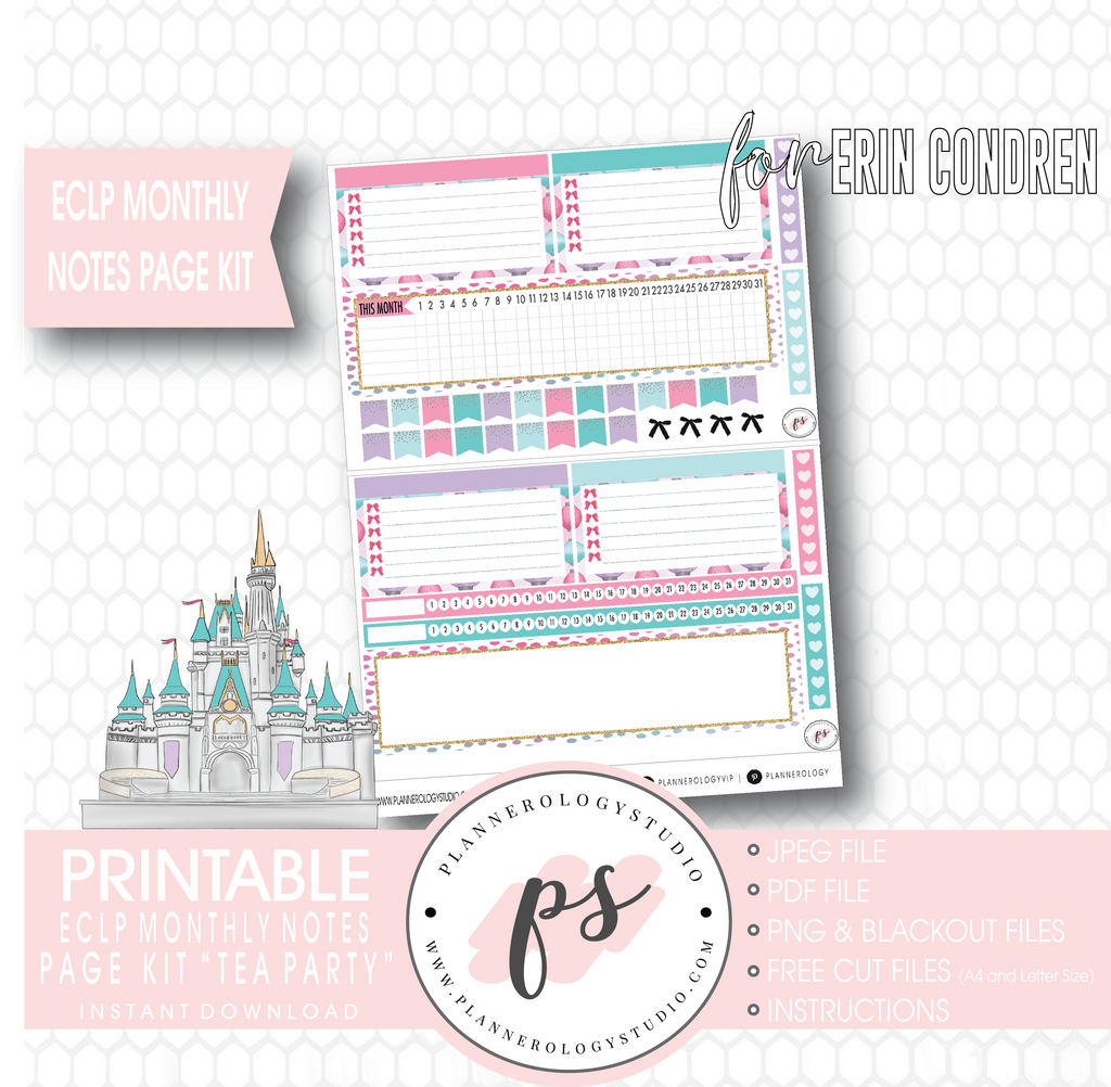 Tea Party Monthly Notes Page Kit Digital Printable Planner Stickers (for use with ECLP) - Plannerologystudio