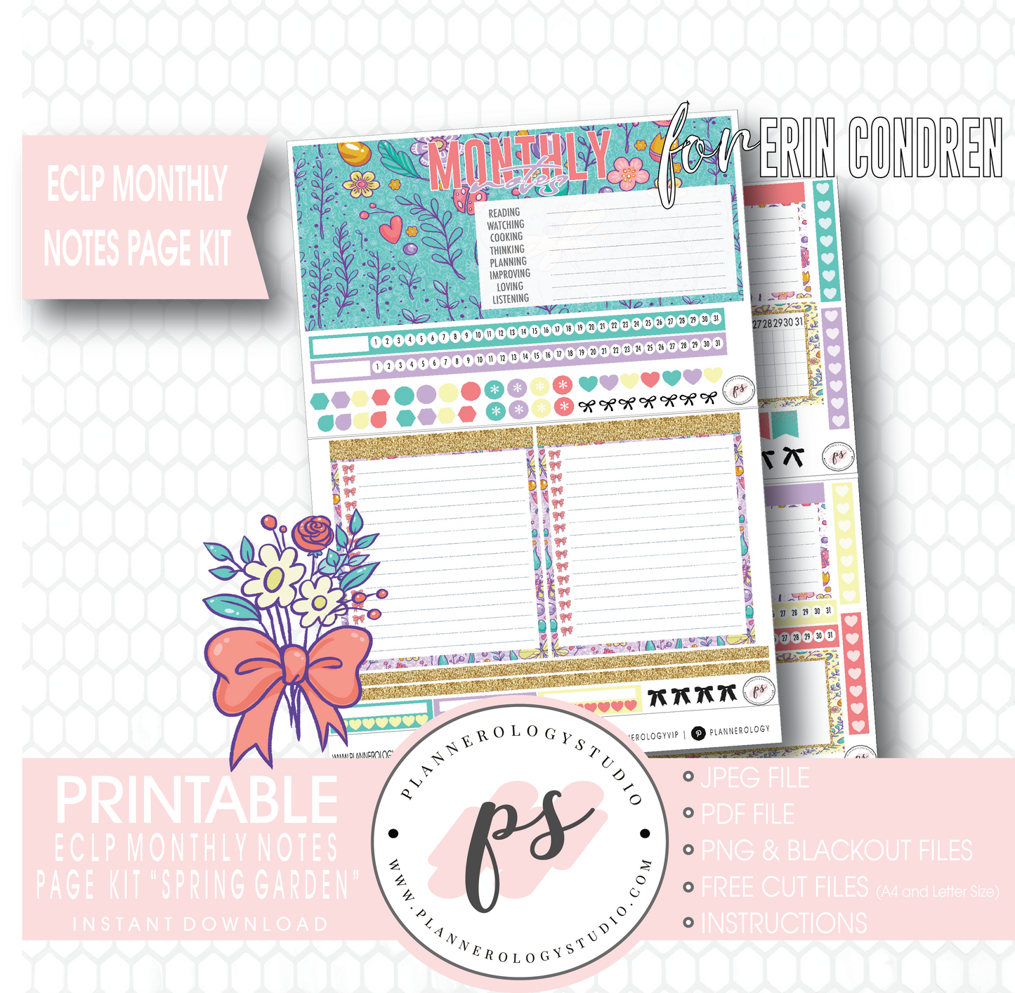 Spring Garden Monthly Notes Page Kit Digital Printable Planner Stickers (for use with ECLP) - Plannerologystudio