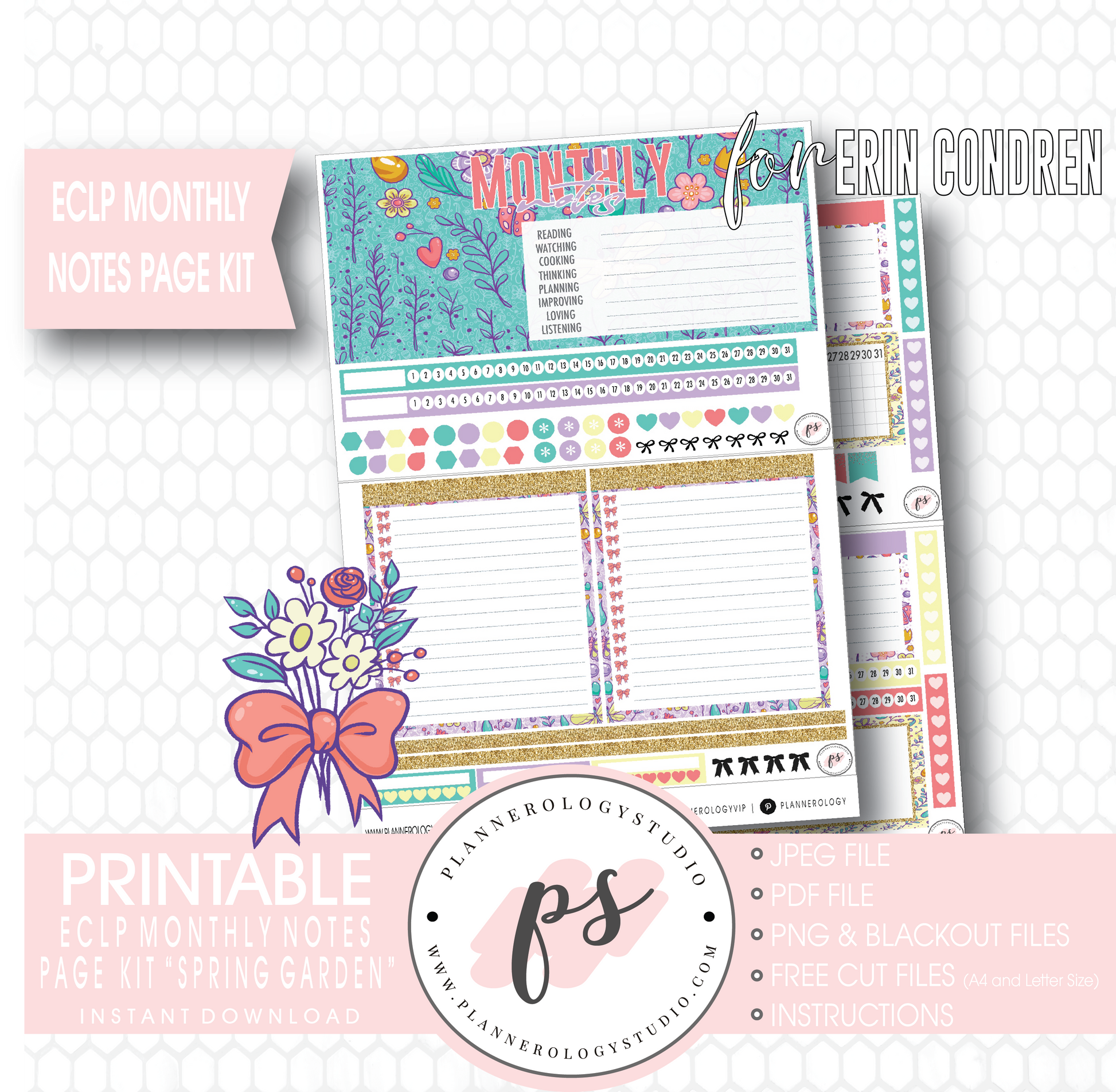 Spring Garden Monthly Notes Page Kit Digital Printable Planner Stickers (for use with ECLP) - Plannerologystudio