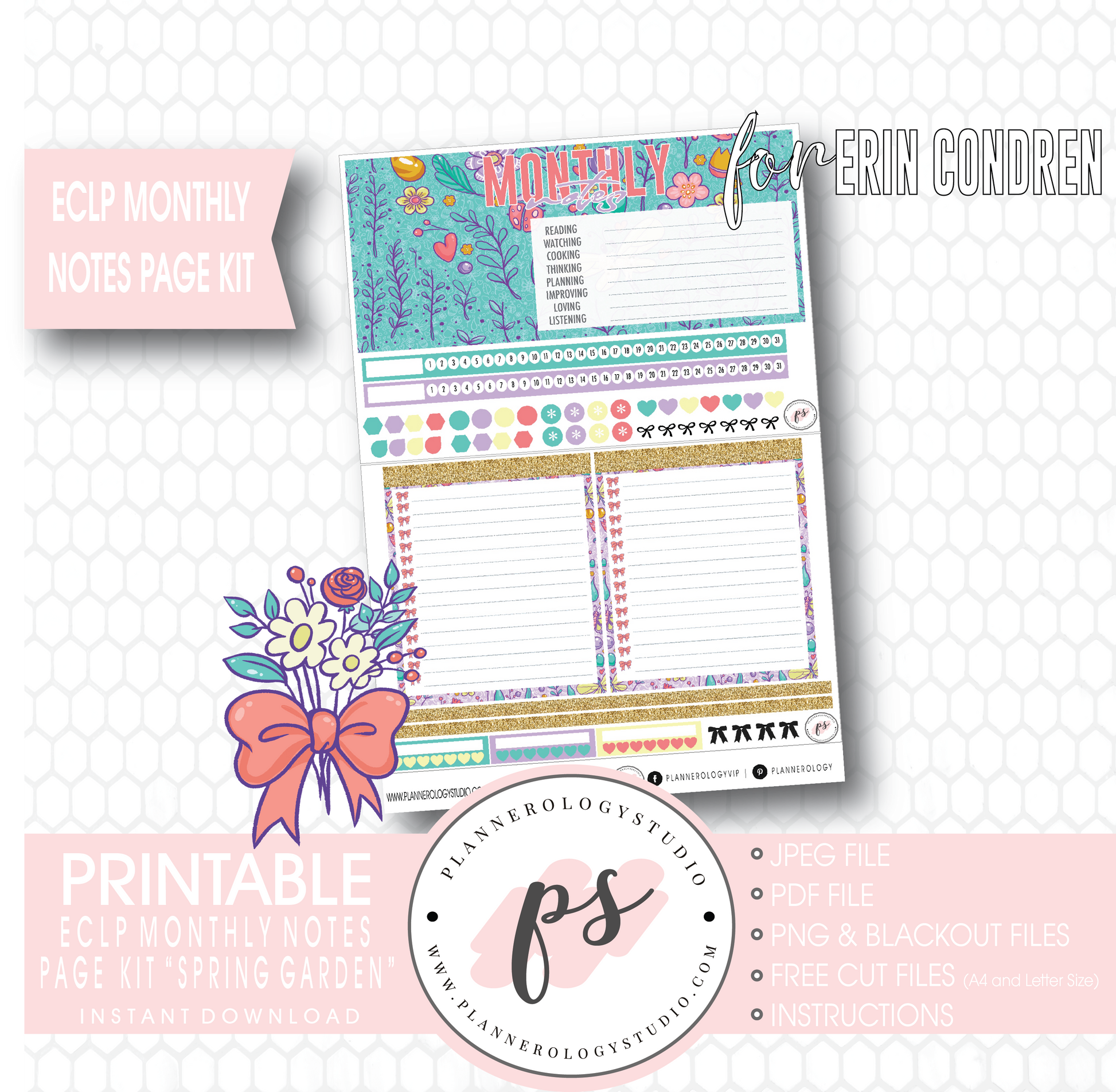 Spring Garden Monthly Notes Page Kit Digital Printable Planner Stickers (for use with ECLP) - Plannerologystudio