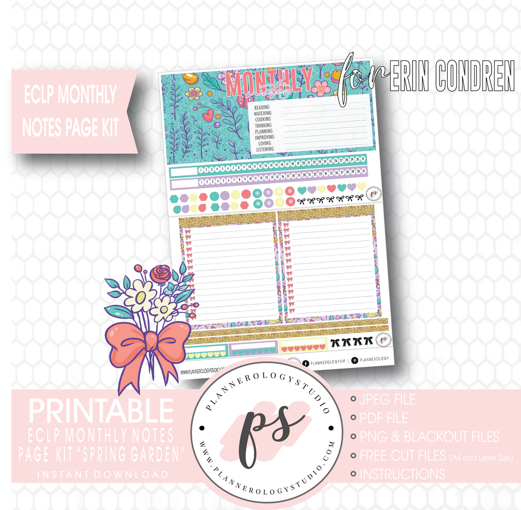 Spring Garden Monthly Notes Page Kit Digital Printable Planner Stickers (for use with ECLP) - Plannerologystudio