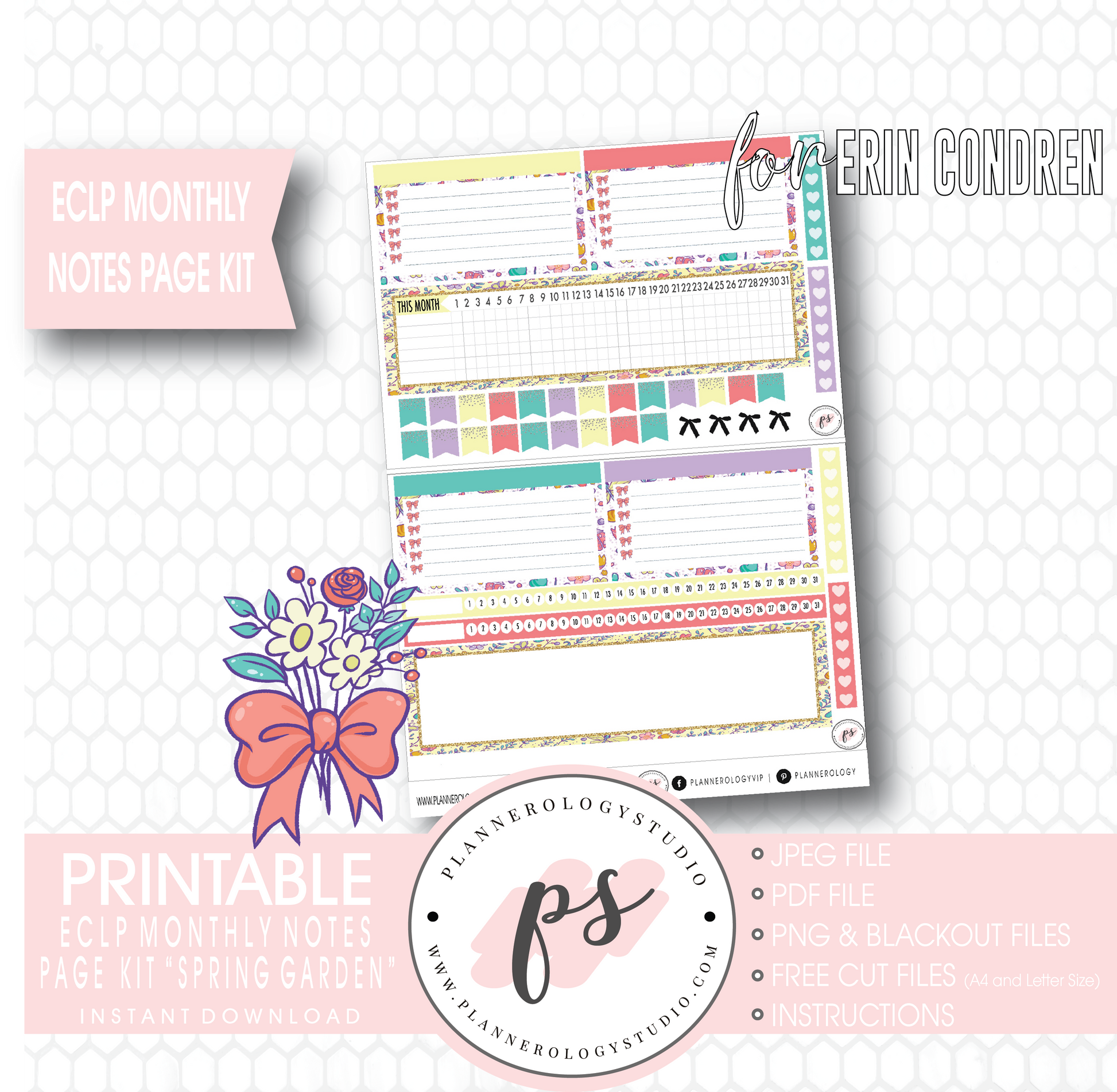 Spring Garden Monthly Notes Page Kit Digital Printable Planner Stickers (for use with ECLP) - Plannerologystudio
