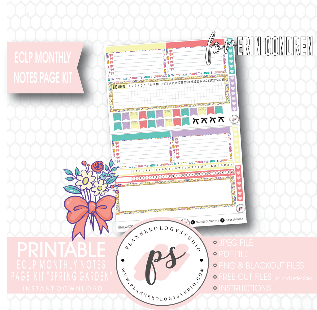 Spring Garden Monthly Notes Page Kit Digital Printable Planner Stickers (for use with ECLP) - Plannerologystudio