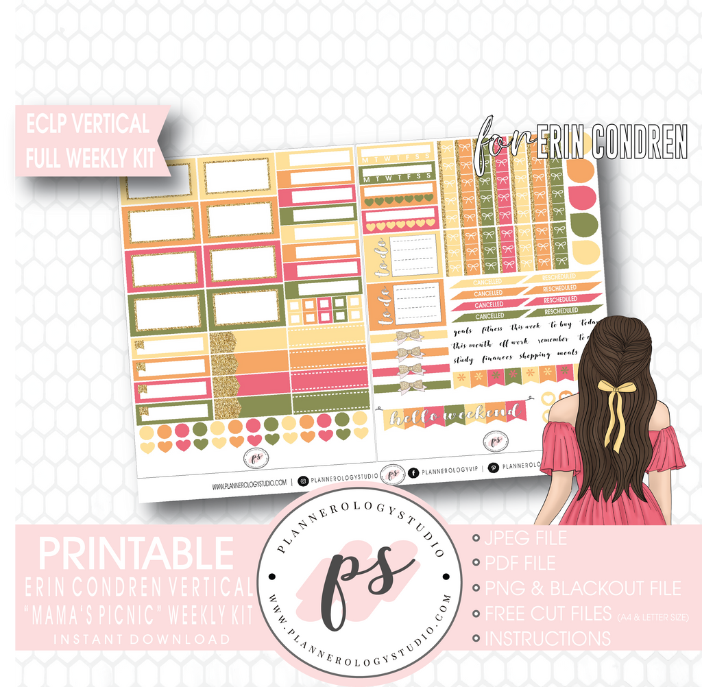 Mama's Picnic (Mother's Day) Full Weekly Kit Printable Planner Stickers (for use with ECLP Vertical) - Plannerologystudio