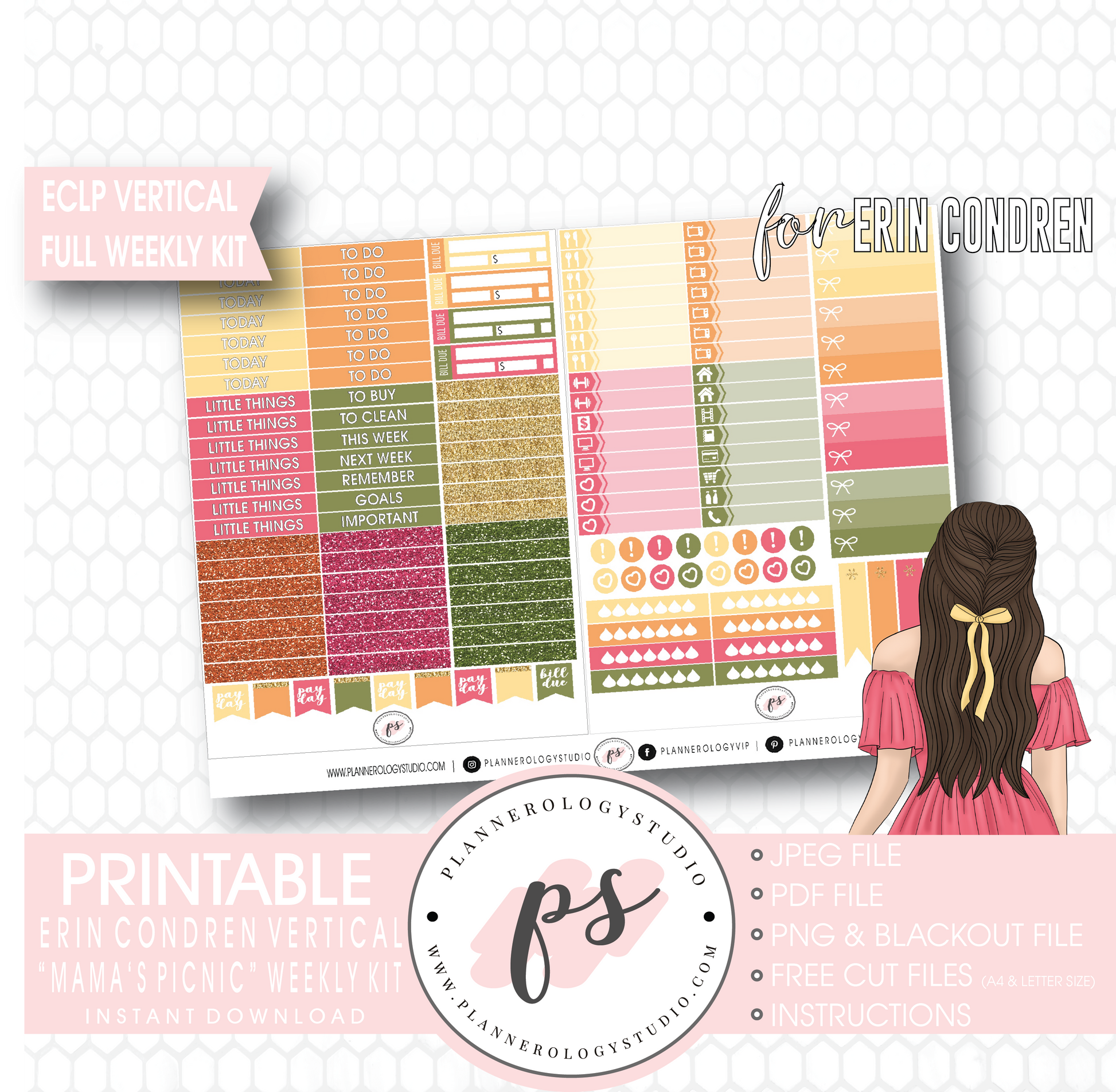 Mama's Picnic (Mother's Day) Full Weekly Kit Printable Planner Stickers (for use with ECLP Vertical) - Plannerologystudio