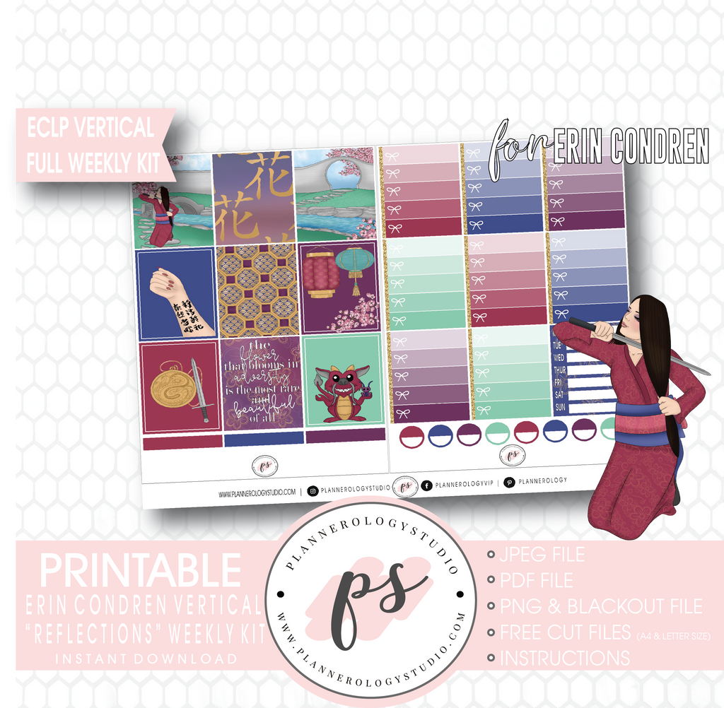 Reflections (Mulan Inspired) Full Weekly Kit Printable Planner Digital Stickers (for use with Erin Condren Vertical) - Plannerologystudio