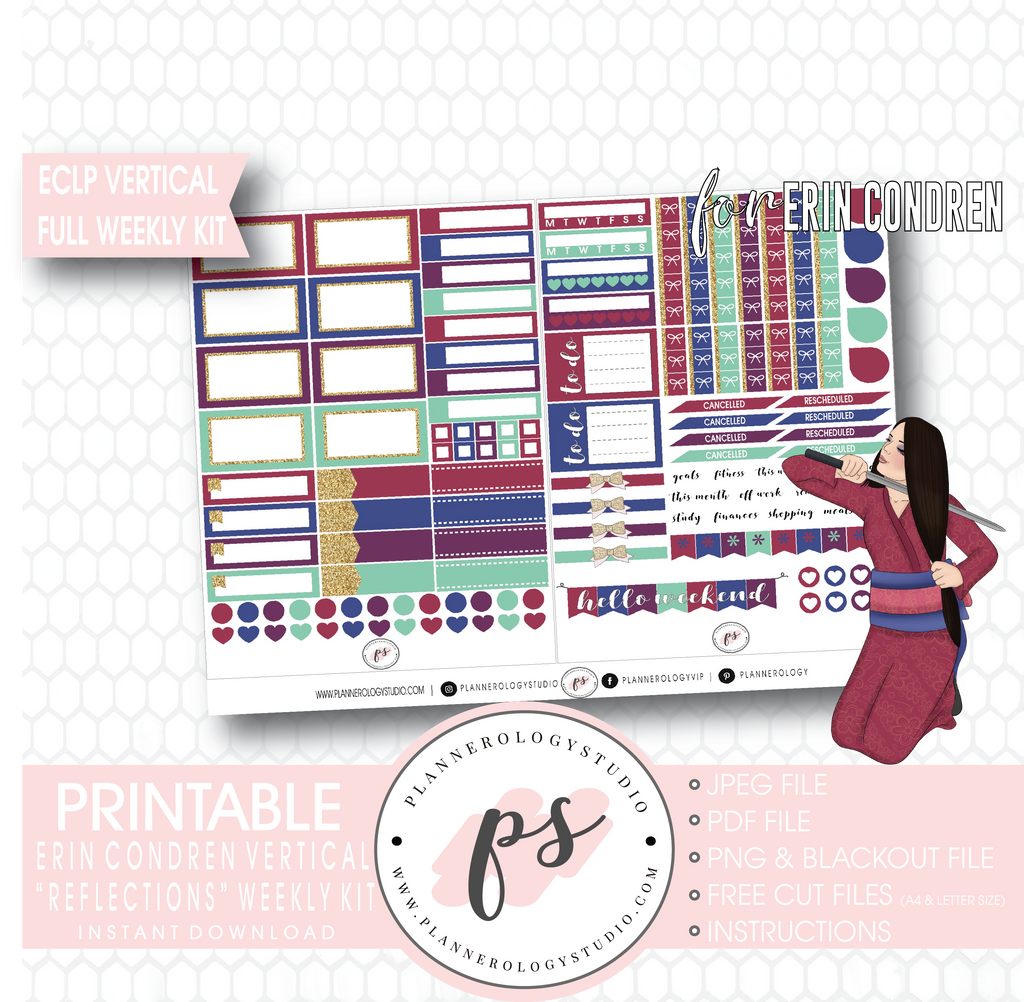Reflections (Mulan Inspired) Full Weekly Kit Printable Planner Digital Stickers (for use with Erin Condren Vertical) - Plannerologystudio