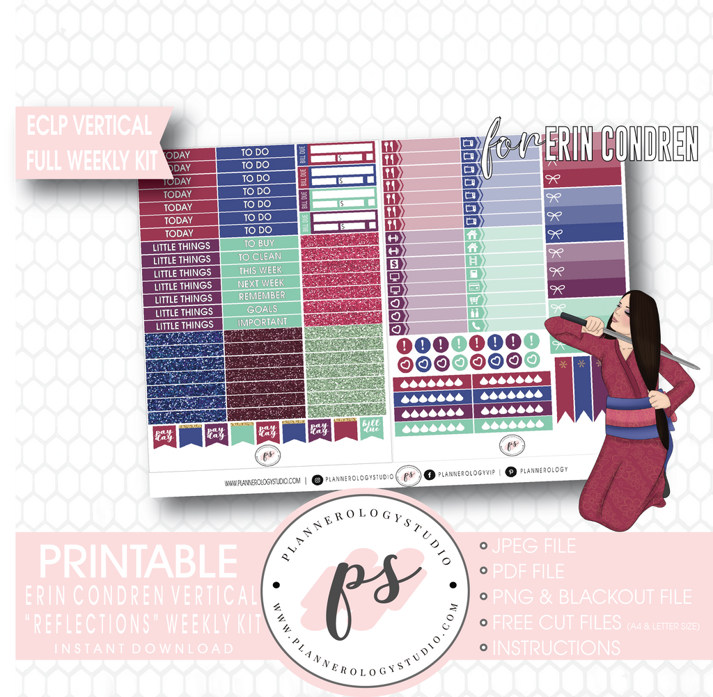 Reflections (Mulan Inspired) Full Weekly Kit Printable Planner Digital Stickers (for use with Erin Condren Vertical) - Plannerologystudio