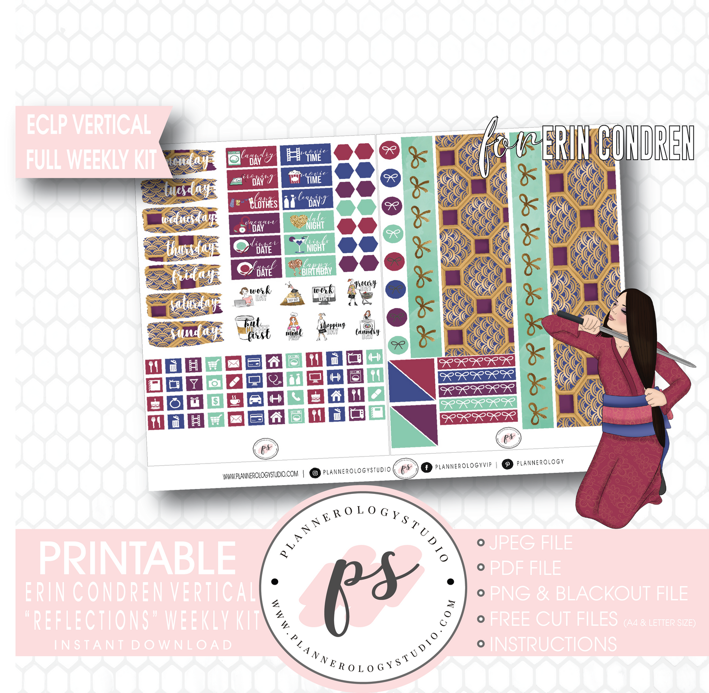 Reflections (Mulan Inspired) Full Weekly Kit Printable Planner Digital Stickers (for use with Erin Condren Vertical) - Plannerologystudio