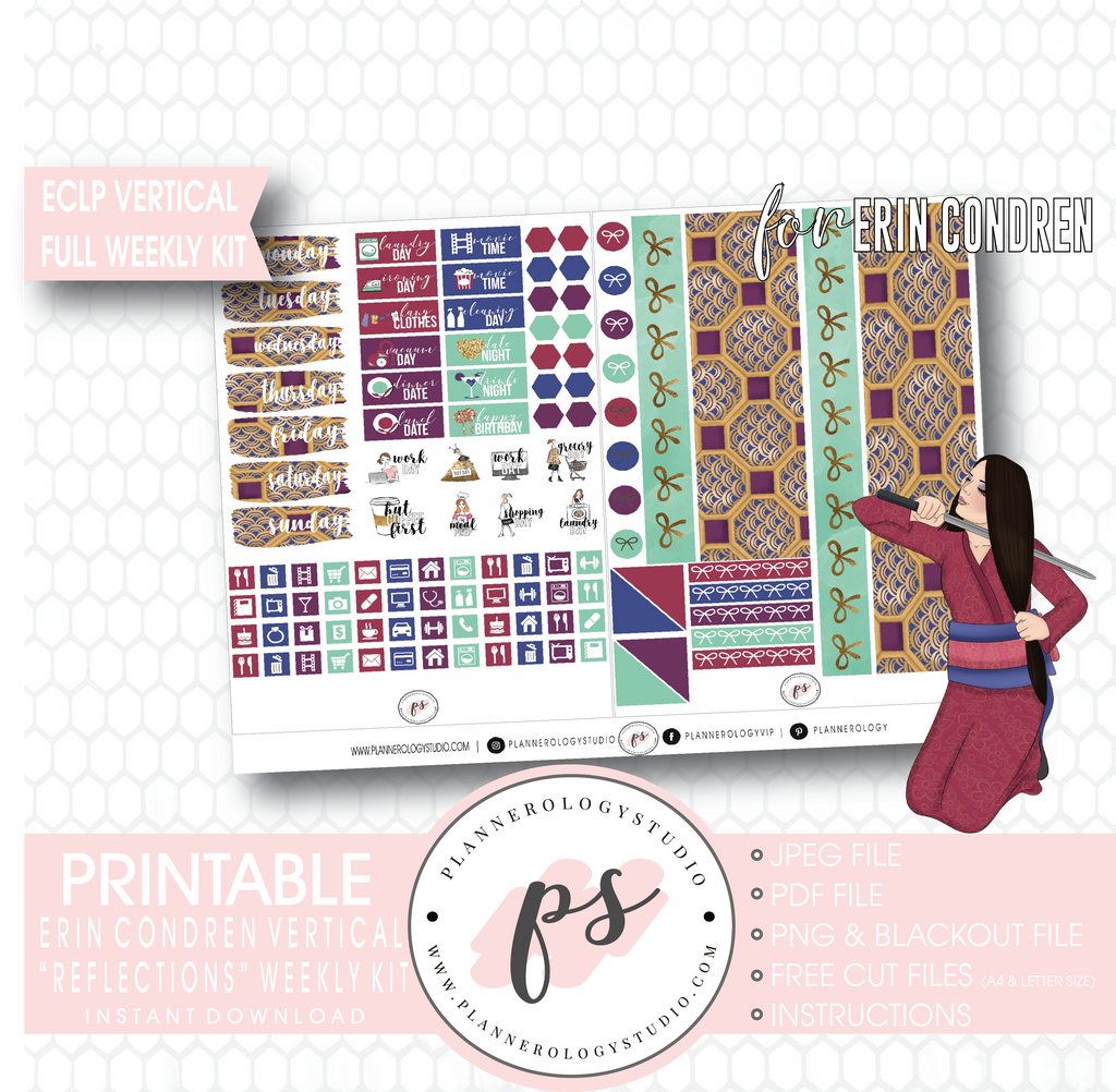 Reflections (Mulan Inspired) Full Weekly Kit Printable Planner Digital Stickers (for use with Erin Condren Vertical) - Plannerologystudio